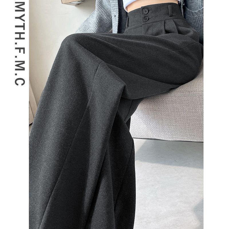灰色高级感毛呢西装裤子女秋冬季2024新款高腰宽松直筒窄版阔腿裤