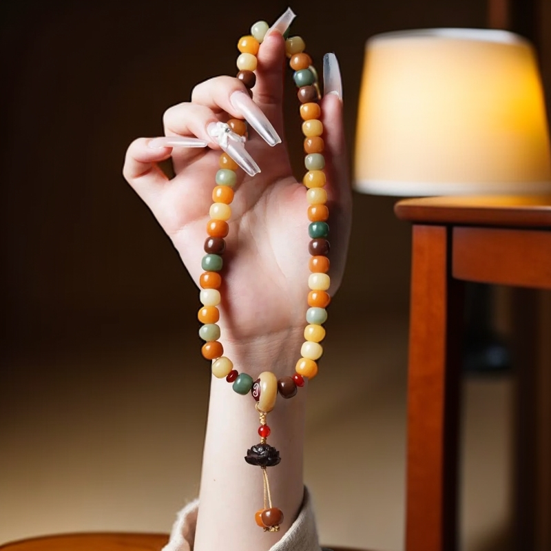 敦煌问天系列风化菩提根手串白玉菩提子双圈手持女绕指柔文玩念珠