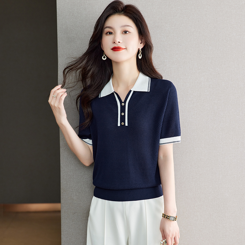 polo领天丝短袖t恤女士夏装薄款时尚洋气翻领上衣宽松遮肚子显瘦