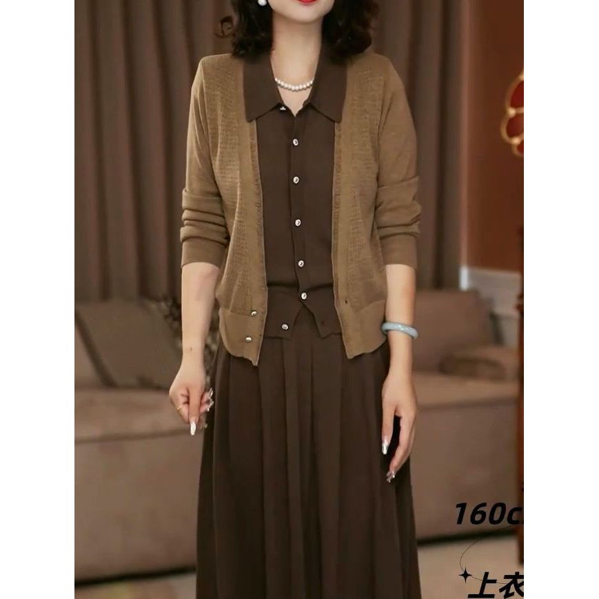 高档时尚套装2025早秋新款气质休闲假两件针织衫上衣+纯色半身裙