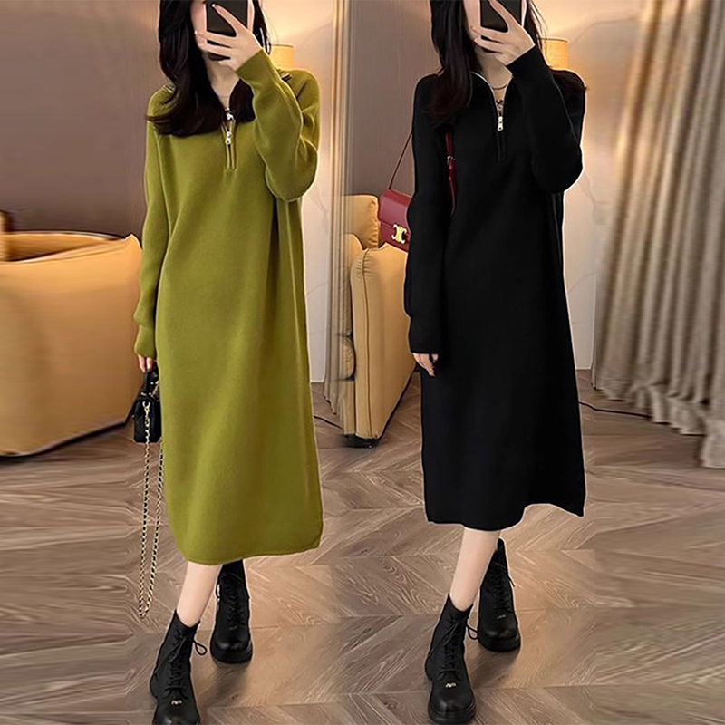 温柔软糯设计感拉链连衣裙女冬季韩系遮肉显瘦长袖针织a字毛衣裙