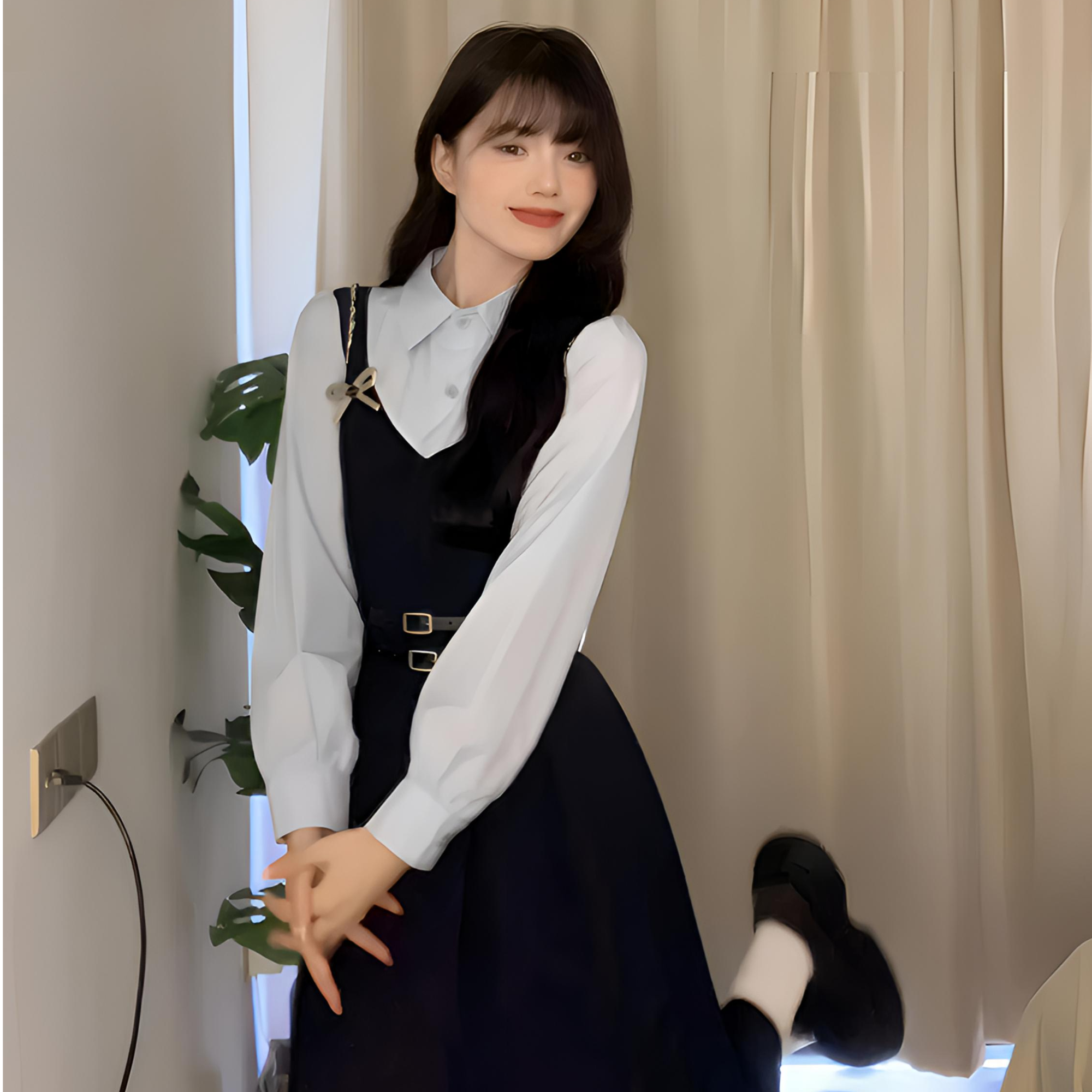 【秋日晚风】假两件流光风裙早秋大码连衣裙学院风显瘦衬衣连衣裙女