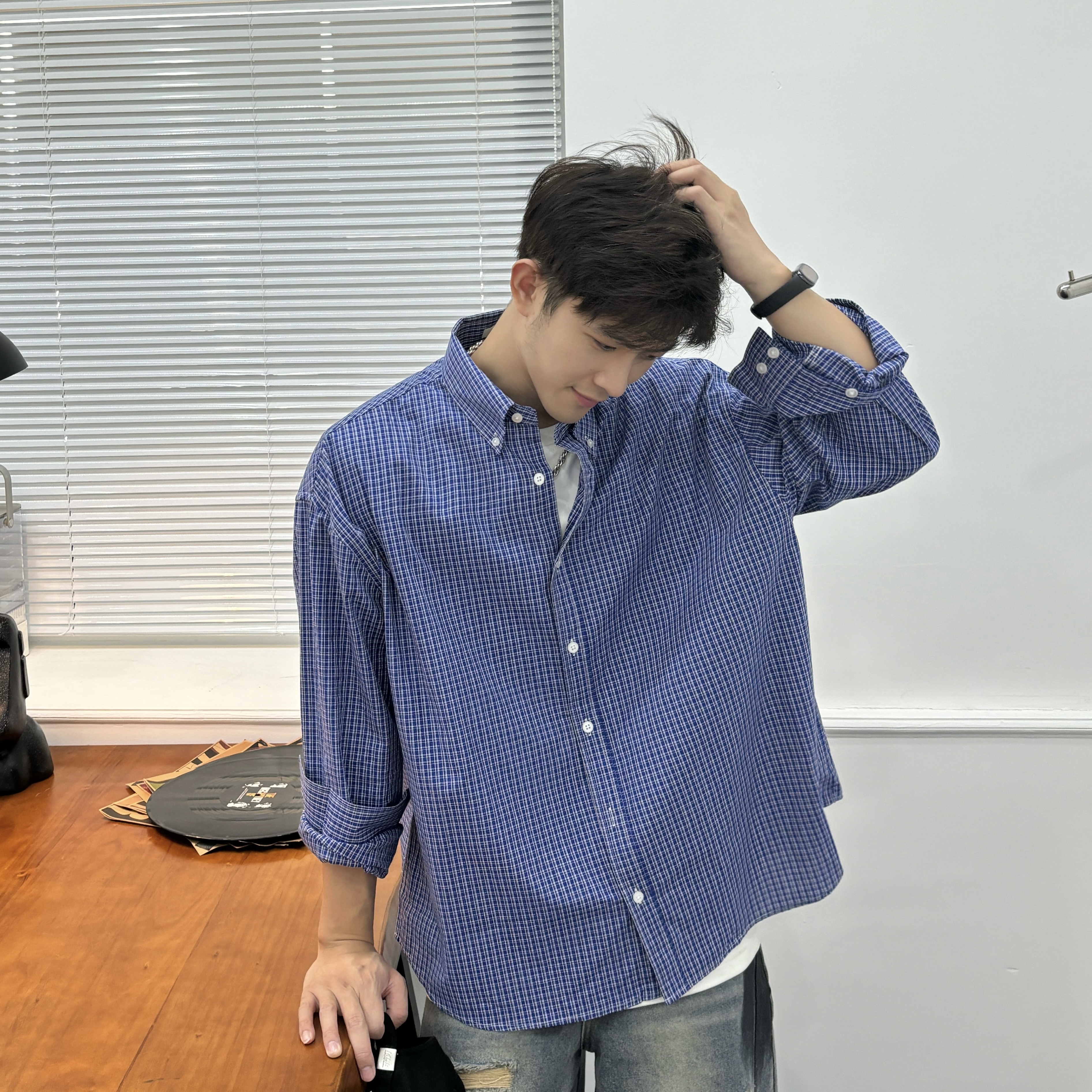 盘鹏飞美式复古蓝色格子长袖衬衫男女宽松休闲新款衬衣外套潮男款