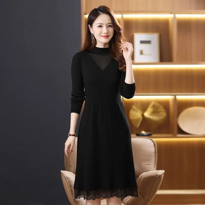 秋冬配大衣中长款女装蕾丝针织连衣裙过膝气质百搭黑色显瘦打底裙