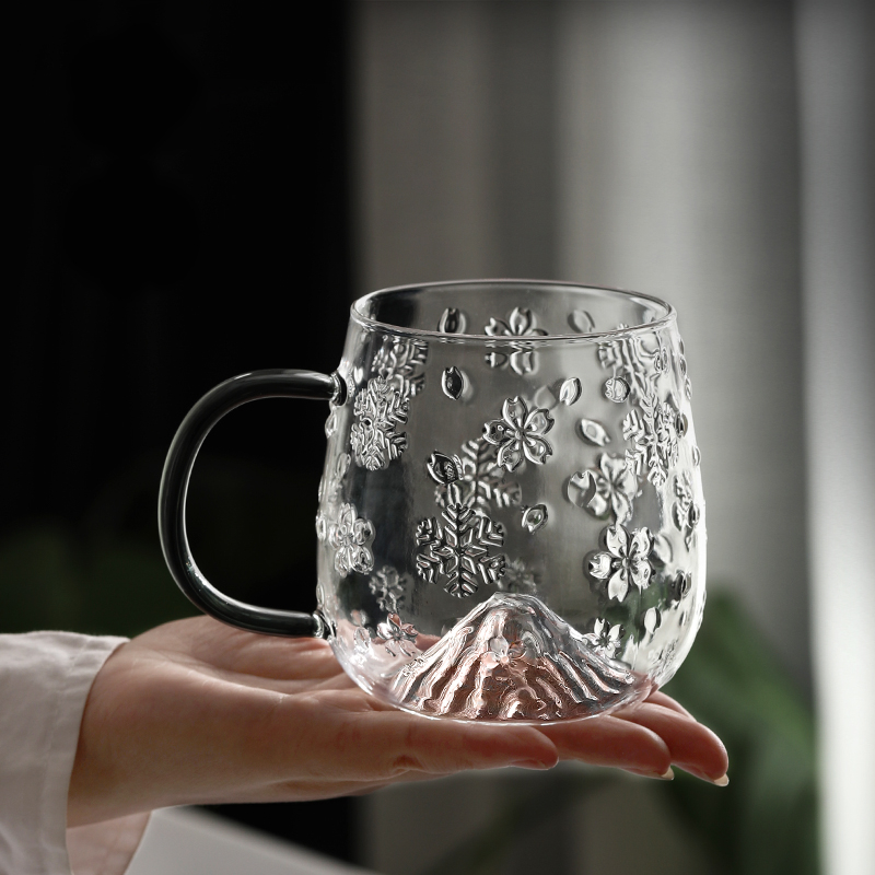 耐高温玻璃水杯网红爆款大容量家用茶杯带把大肚杯子女雪花马克杯