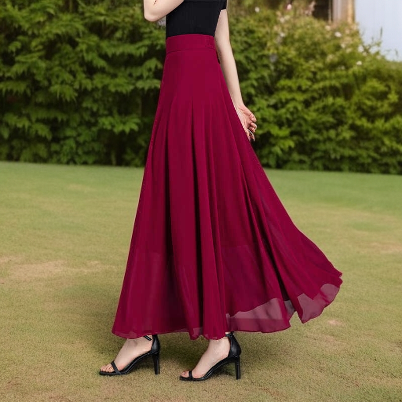 垂感雪纺半身长裙夏新款女高腰a字裙纯色波西米亚跳舞裙大摆裙
