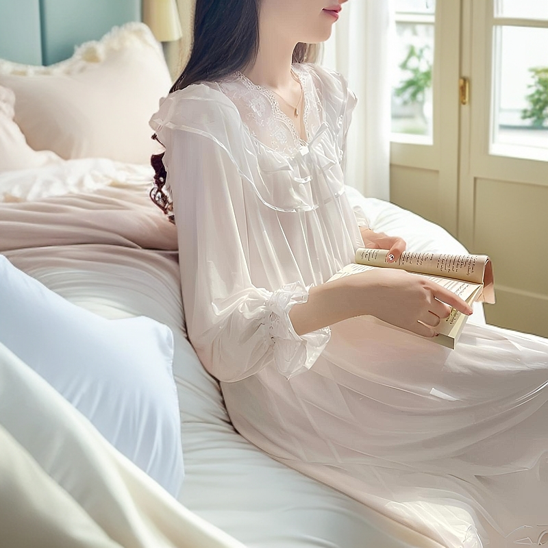 2024莫代尔睡裙女春秋季甜美可爱公主宫廷风长袖裙睡衣家居服蕾丝