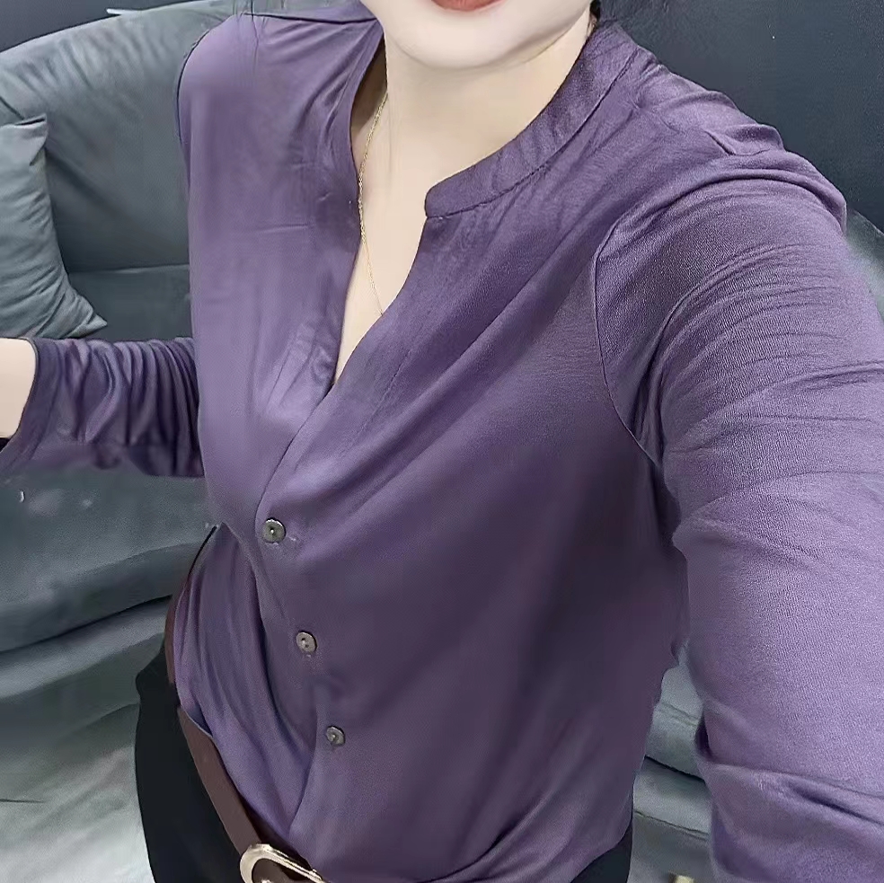 8827秋季洋气长袖修身气质显瘦纯色v领打底简约薄款莫奈花园风#