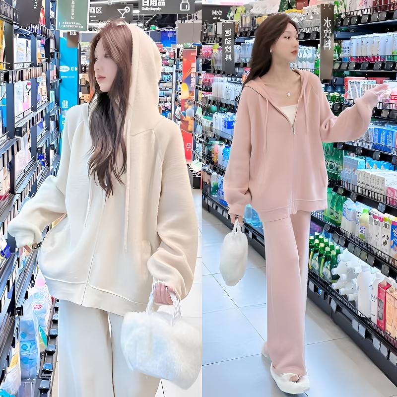 孕妇春秋洋气设计感秋季时尚连帽宽松辣妈款孕妇春装阔腿裤两件套