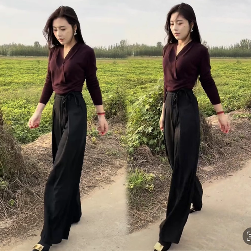 网红爆款时尚气质套装2025春季新款设计V领交叉长袖T恤高腰阔腿裤