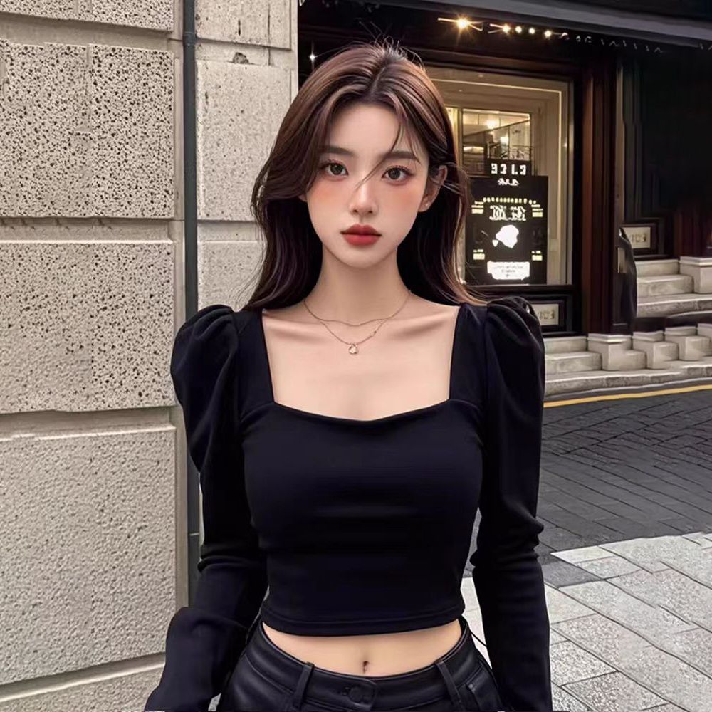 法式泡泡长袖方领打底衫女内搭设计感小众秋冬别致甜辣妹短款上衣