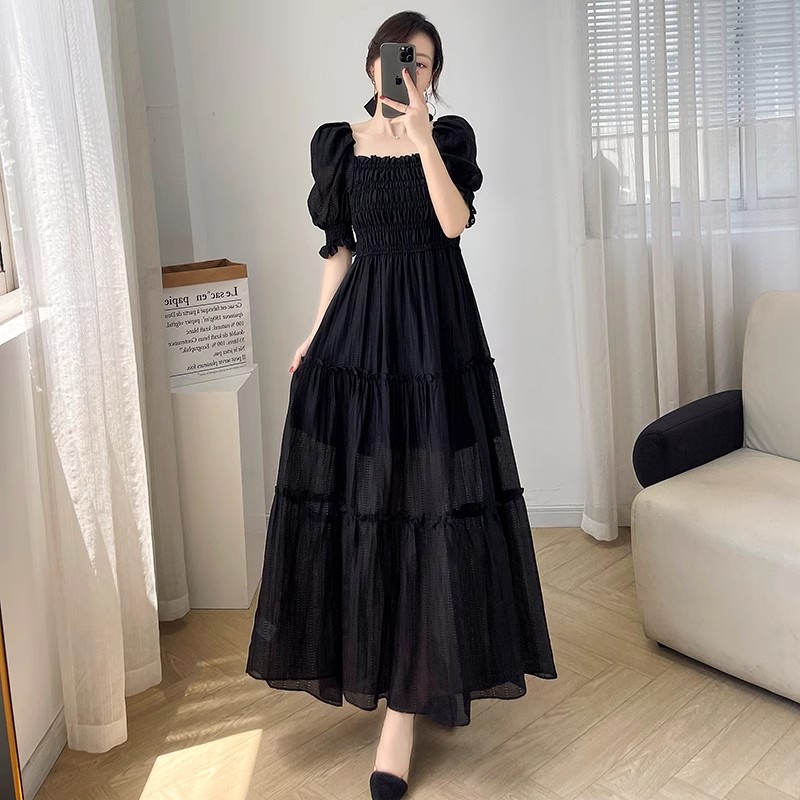 胖mm黑色泡泡袖赫本风连衣裙女2025夏季大码收腰显瘦气质长款裙子