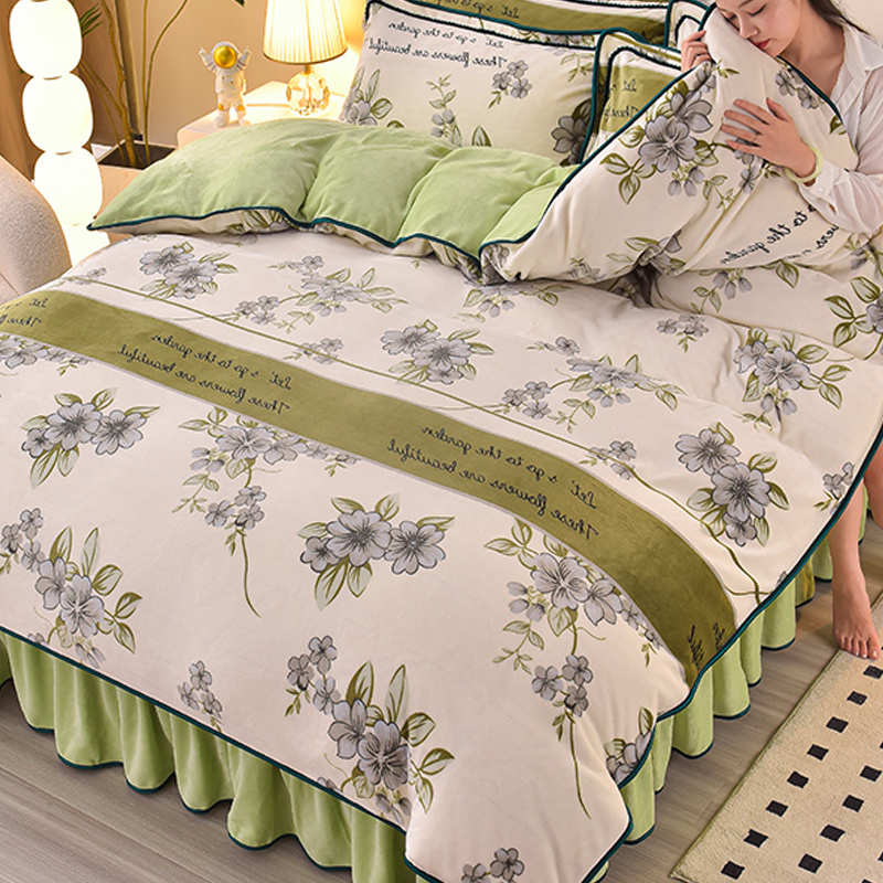 牛奶绒四件套花边加绒款珊瑚绒加厚冬天被套罩床单双面绒法兰绒