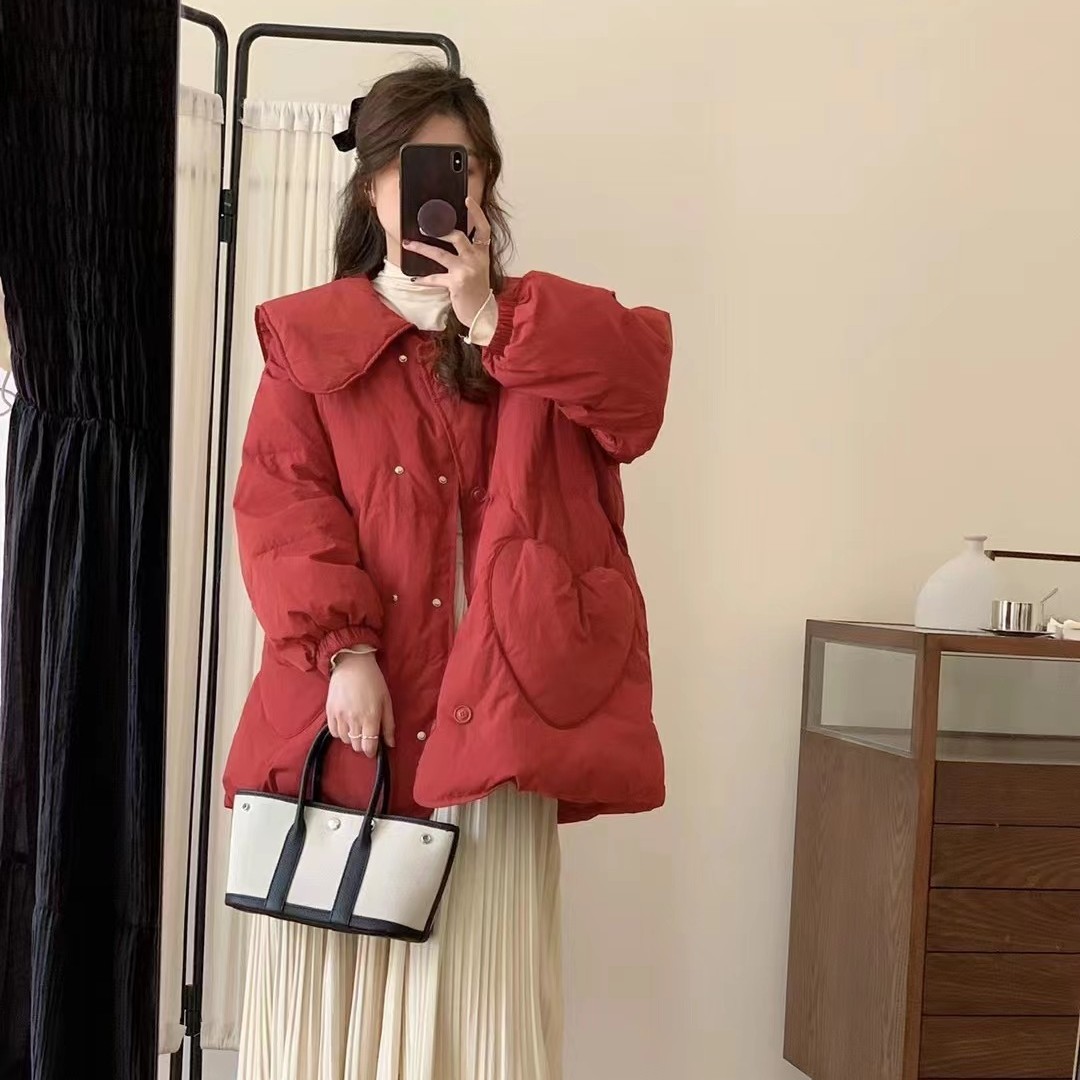 秋冬红色娃娃领冬季棉服加厚甜美圣诞款宽松保暖晚宴场合女装