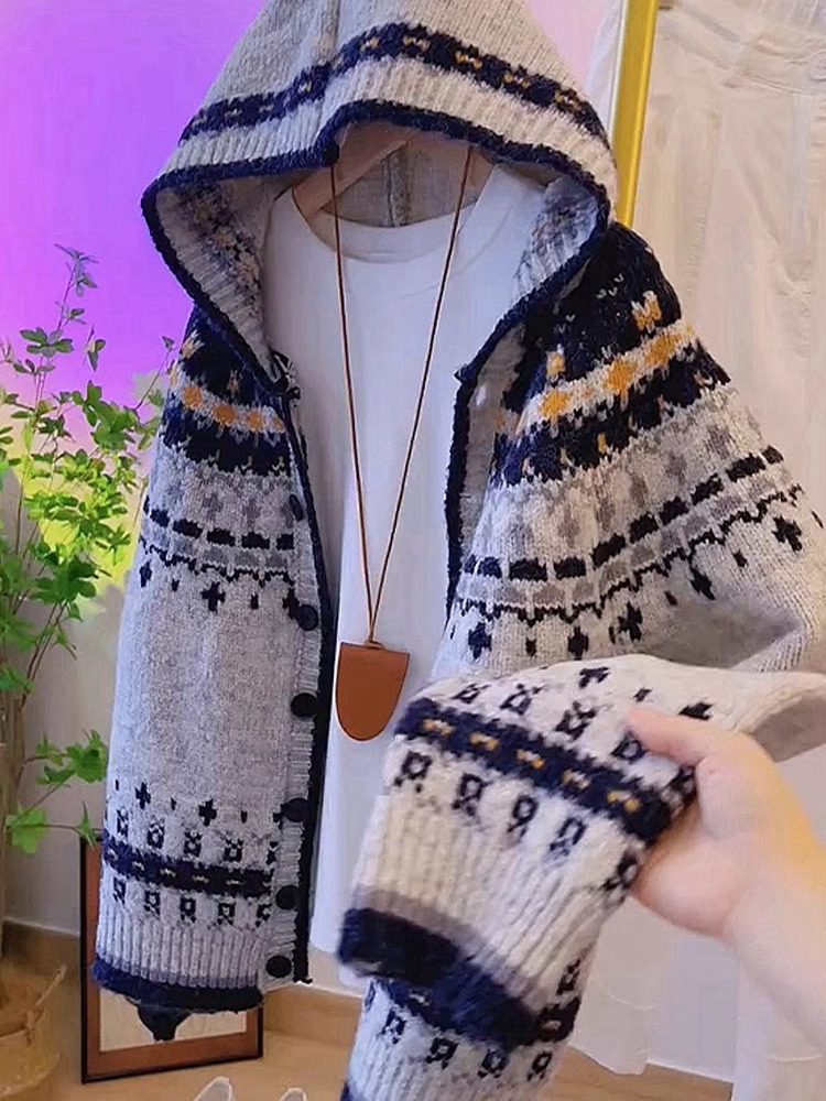 女款2025新款秋季慵懒风高级感复古费尔岛针织连帽毛衣开衫外套女