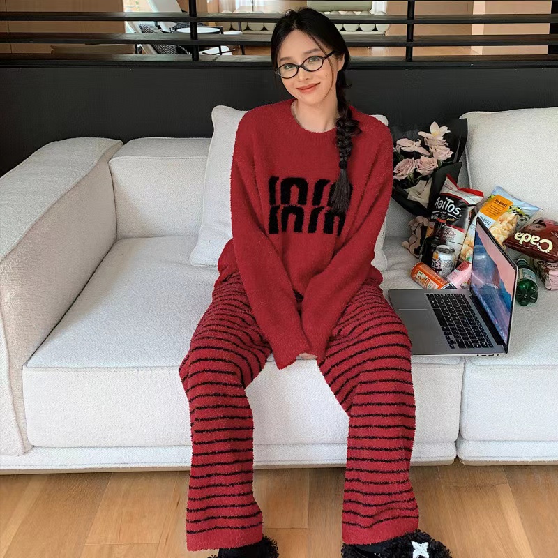 半边绒明星同款家居服秋冬睡衣套装保暖加绒加厚半边绒女套头