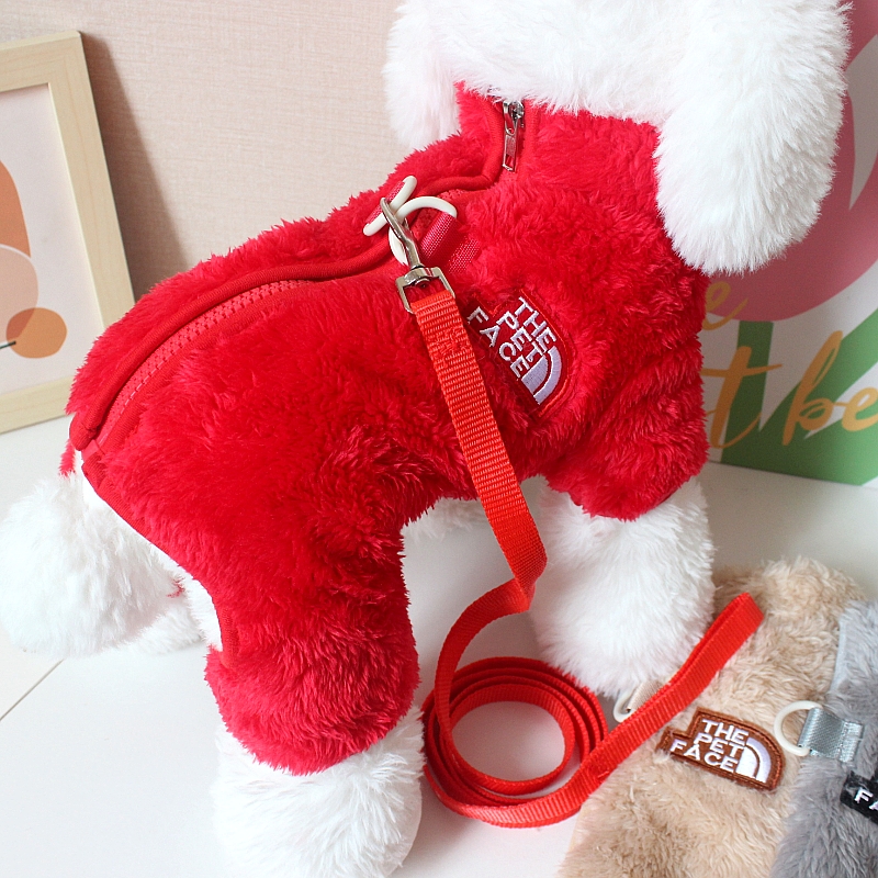 背扣拉链宠物小狗狗衣服比熊泰迪春秋冬装保暖服装可牵引四脚绒衣