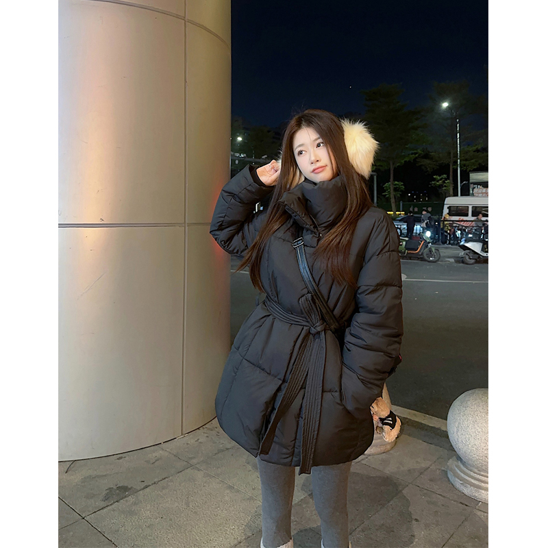 设计感气质黑色绑带收腰显瘦中长款棉服女降温保暖棉衣外套冬季潮