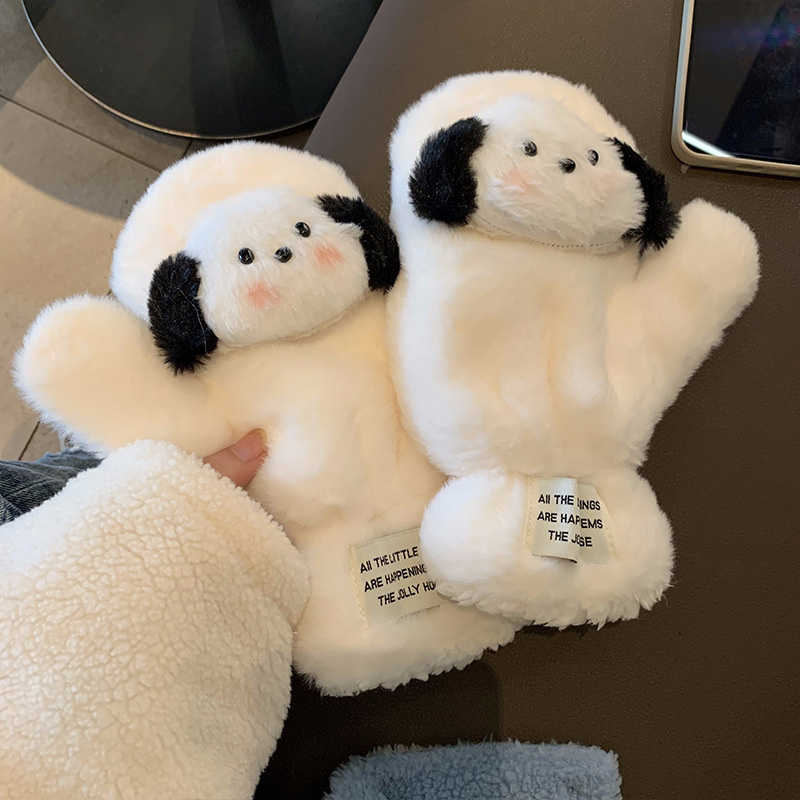 冬季毛绒手套女可爱帕恰狗户外保暖防寒加绒手套可爱风学生保暖