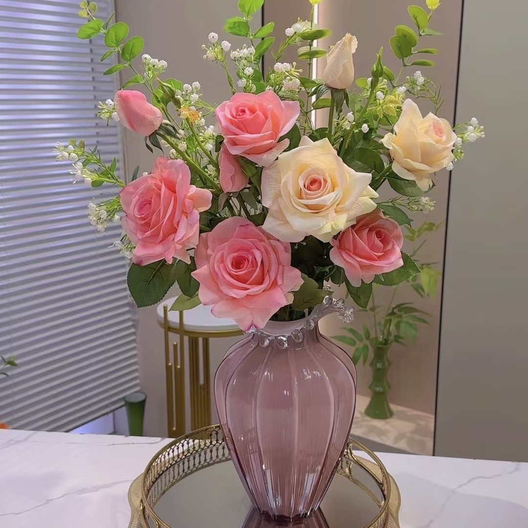 水晶玫瑰花束手感保湿仿真玫瑰花绢花假花水晶玫瑰插花装饰摆件