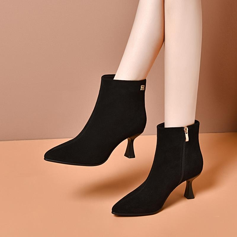 2024新款秋冬中跟真皮鞋细跟裸靴尖头磨砂皮短靴女单靴小跟高跟鞋