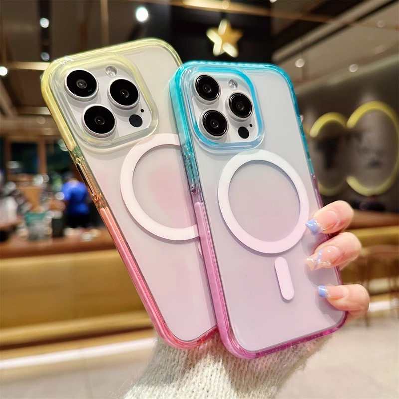 晶盾渐变苹果16promax撞色手机壳磁吸iPhone15高级防滑防摔保护壳