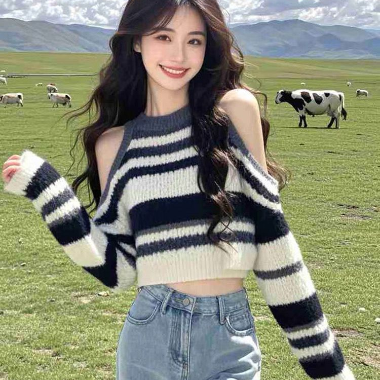春秋冬新款法式设计露肩短款毛衣针织衫女撞色条纹内搭打底衫上衣