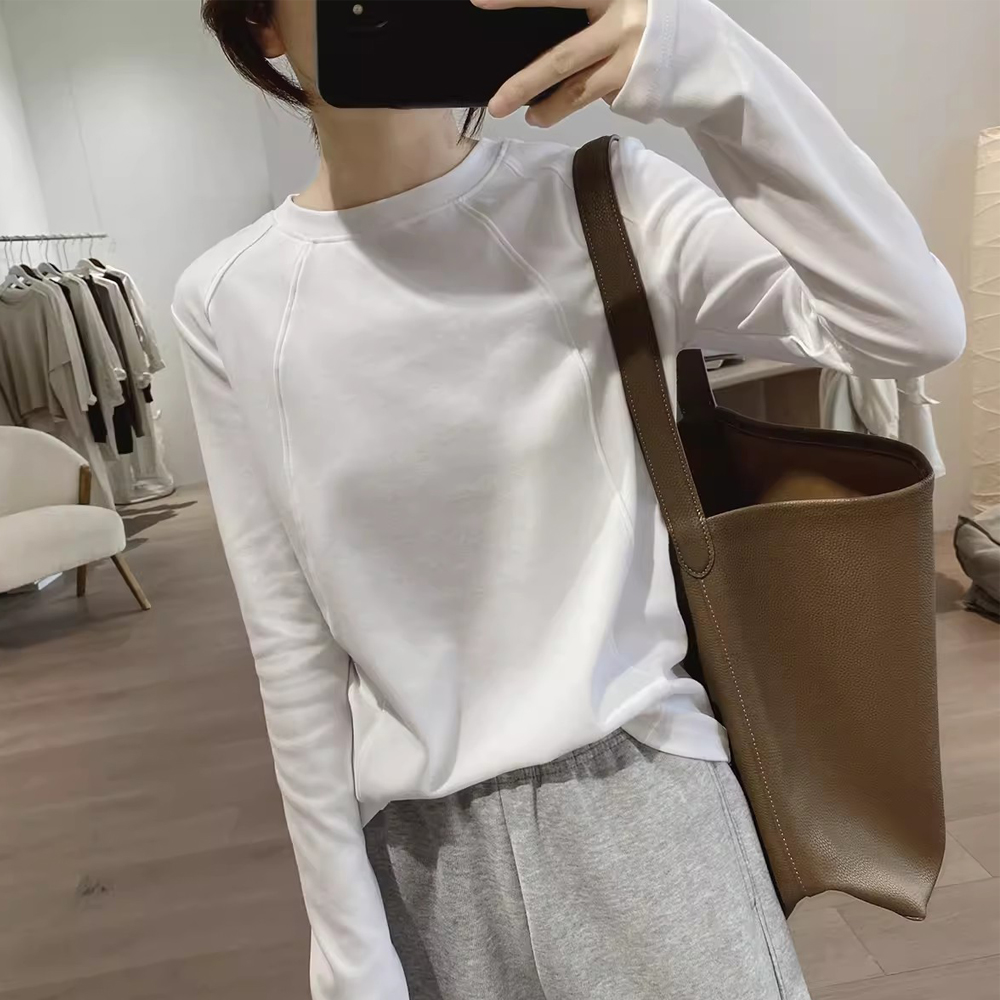 白色长袖t恤女春秋新款修身简约叠穿上衣插肩袖内搭棉质打底衫潮