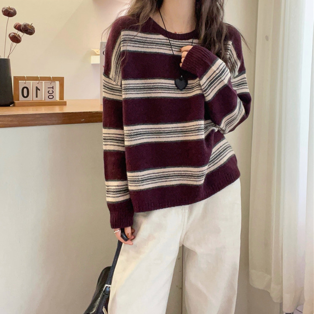 撞色条纹针织衫女2025秋装新款欧货女装洋气套头打底衫长袖上衣潮