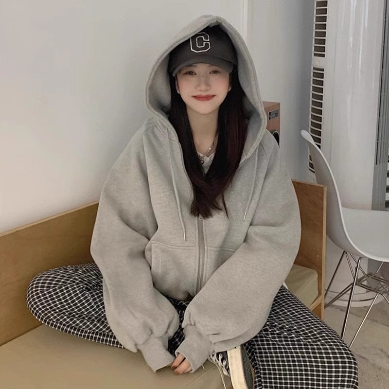 灰色卫衣开衫女韩版宽松中长款秋冬季连帽拉链加绒加厚上衣外套潮