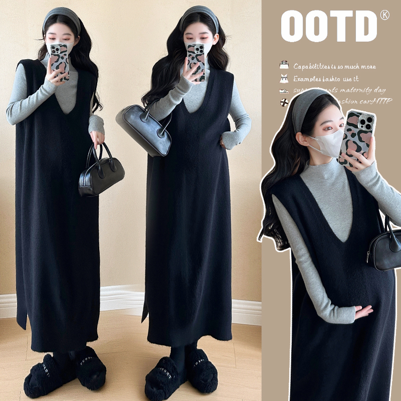 孕妇套装秋冬新款时尚韩版显瘦针织打底上衣气质V领毛衣背心裙子1