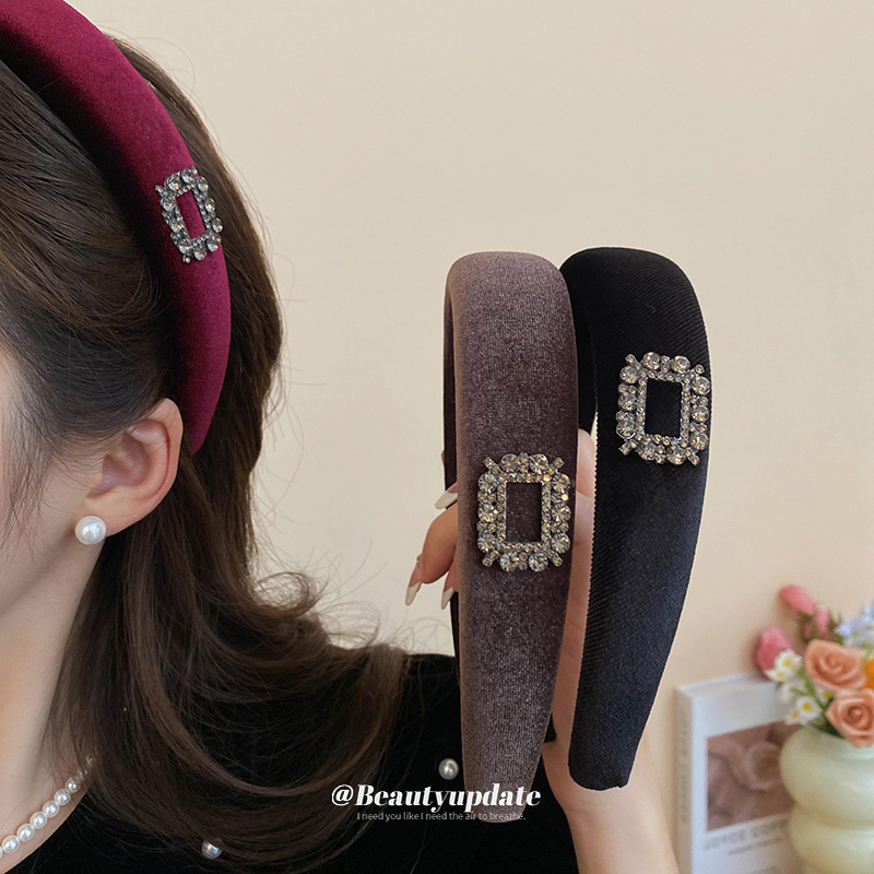 秋冬植绒黑色几何镶钻发箍新款气质宽边头箍小众时尚高级感发饰女