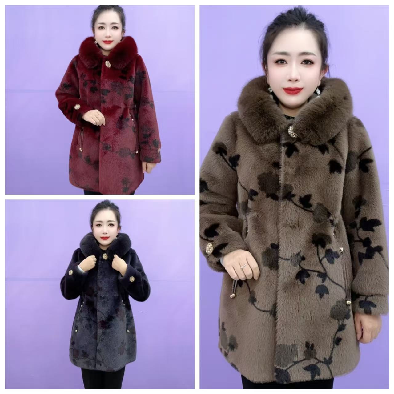 26#腊梅花中长款洋气连帽大毛领大气高档妈妈外套（C）妈妈装加厚