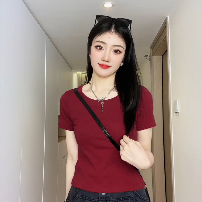 短袖t恤女夏季2025新款显瘦修身百搭纯色圆领上衣设计感时尚棉T