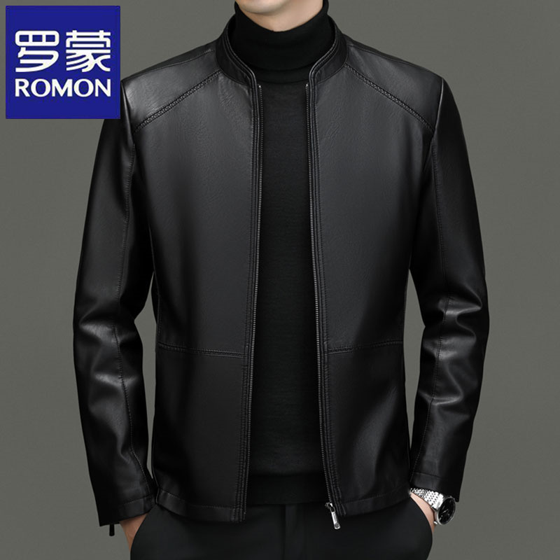 罗蒙春秋季新款男士休闲皮衣时尚百搭外套宽松机车皮夹克纯色上衣