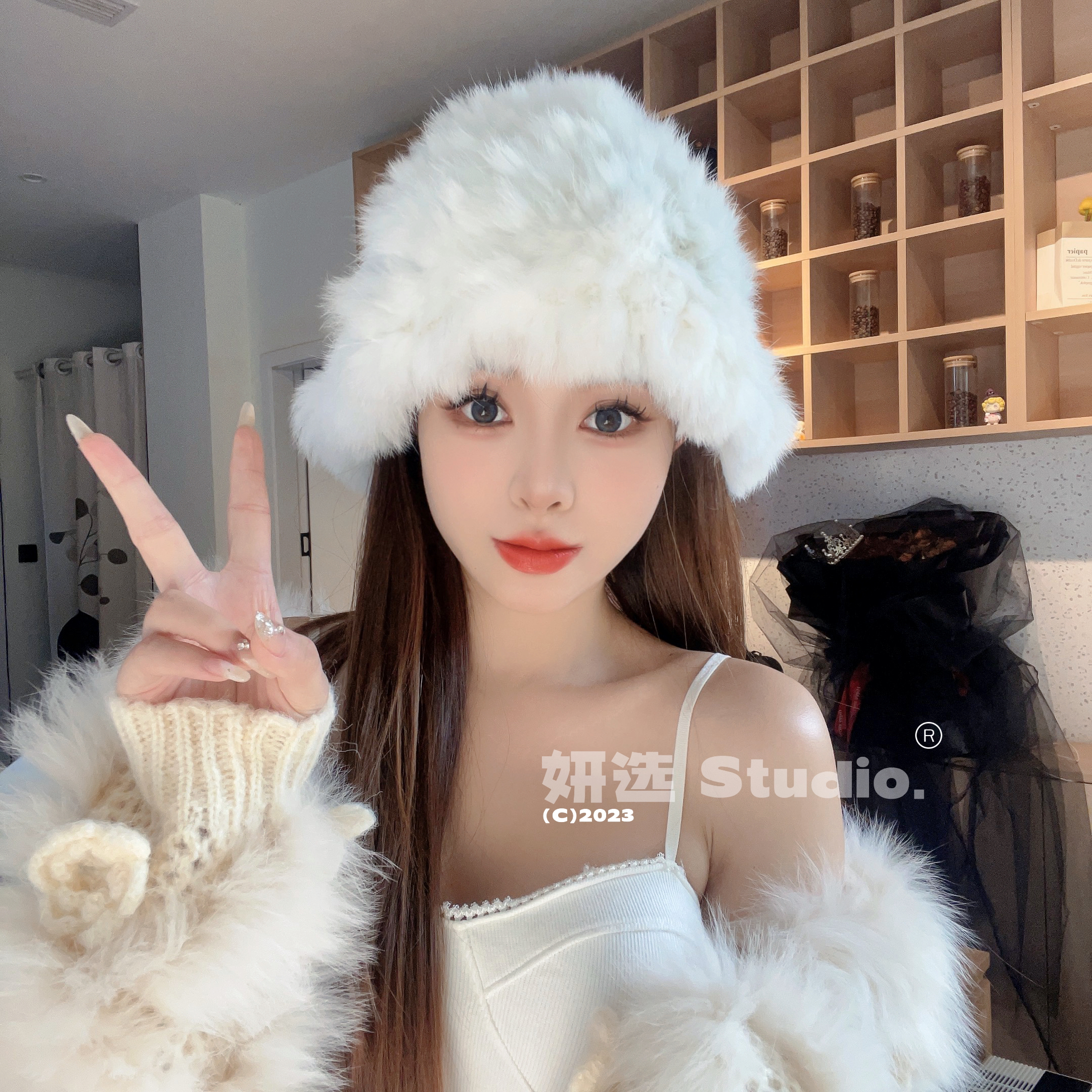 【芙蓉】荷叶边网红针织兔毛渔夫帽帽子女下雪加厚防寒保暖包头帽