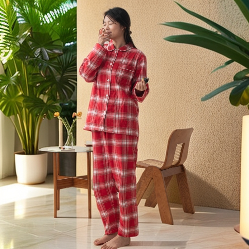 优选【法兰绒磨毛家居服冬季】全棉纯棉宽松格子秋冬色织居家睡衣服