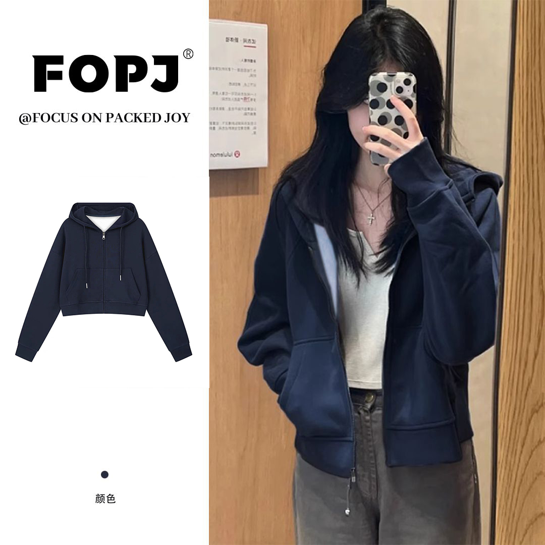 FOPJ学院风秋季女外套纯色长袖时尚春秋短款加绒加厚藏青连帽卫衣