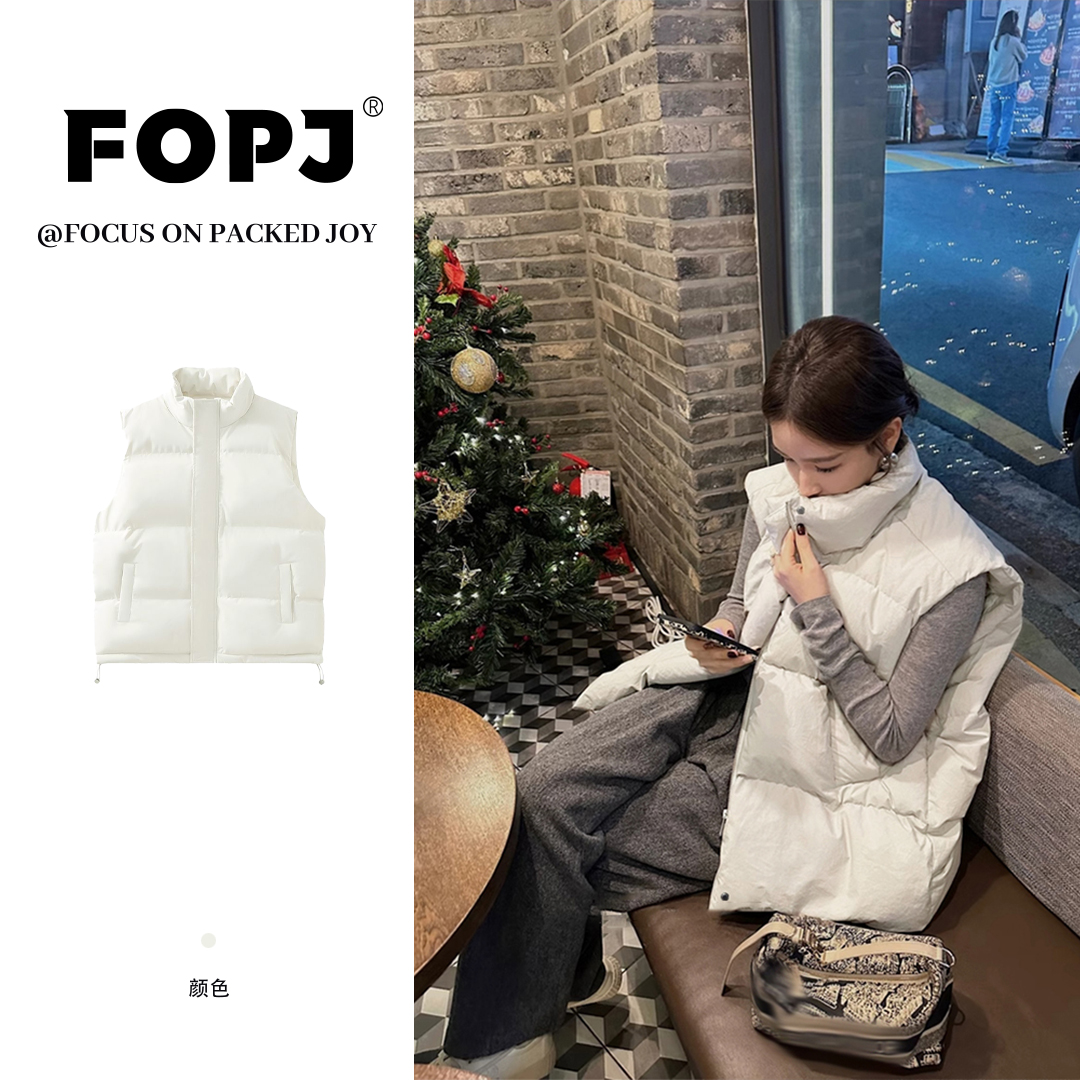 FOPJ韩版时尚简约纯色无袖马甲女春秋季加厚保暖宽松背心立领外套