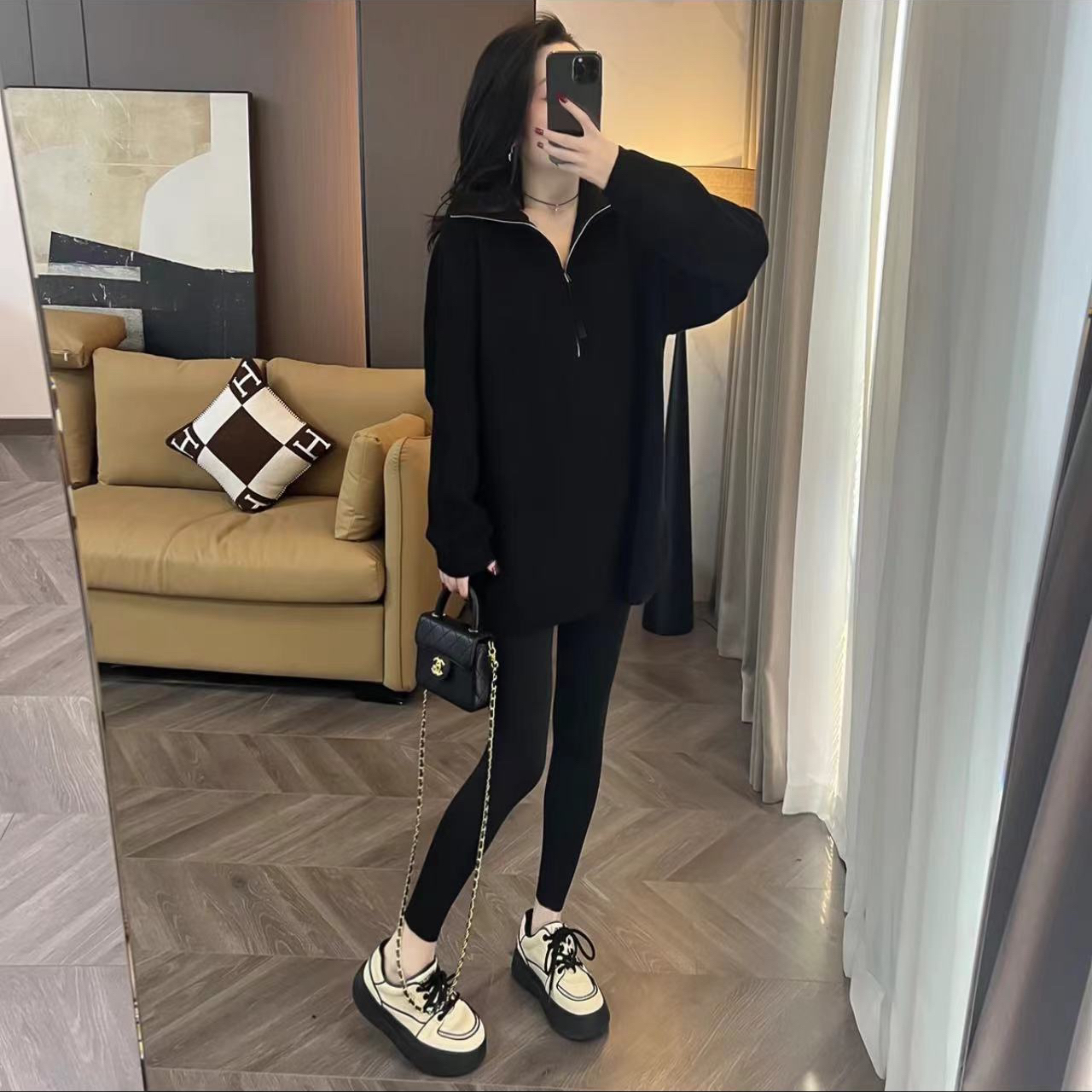 新款拉链高领毛衣女冬季设计感宽松慵懒中长款翻领上衣套头针织衫