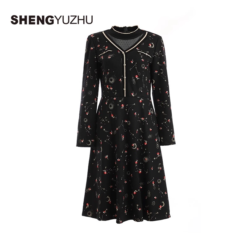 Shengyuzhu/声雨竹连衣裙长袖立领碎花中长款A字裙女气质显瘦轻奢