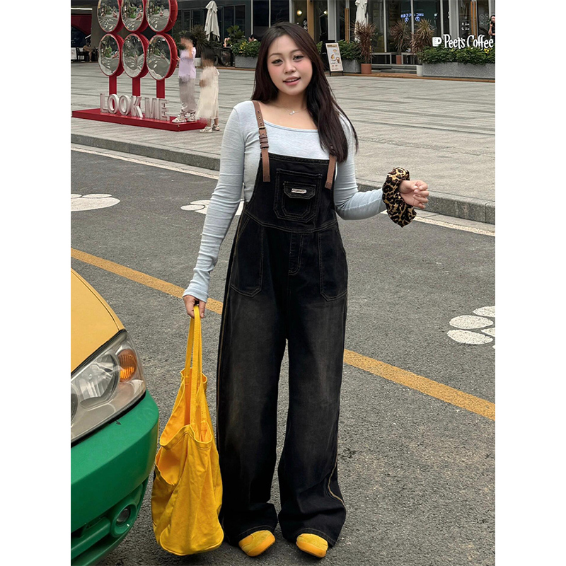2-300斤胖mm大码女装韩版复古牛仔背带裤遮肉裤子宽松显瘦连体裤