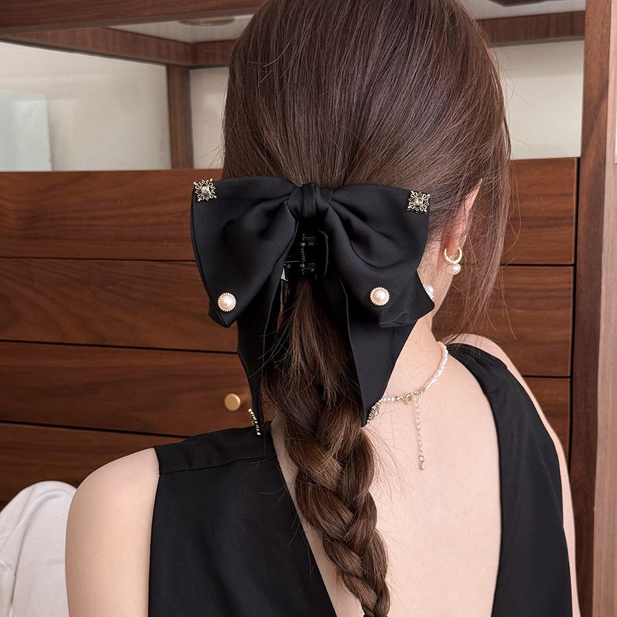 黑色蝴蝶结珍珠抓夹女2024新款高级感头发夹子头饰发夹盘发鲨鱼夹