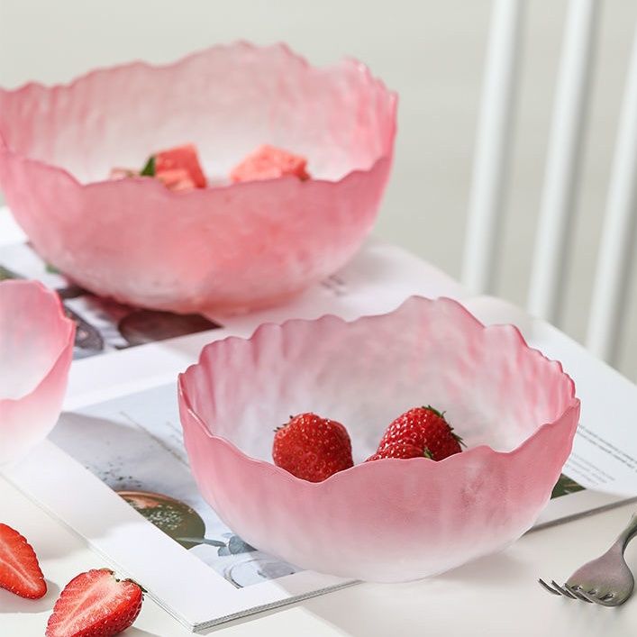 日式莲雾粉锤纹玻璃沙拉碗碟装家用透明沙拉碗饭汤碗水果盘网红碗