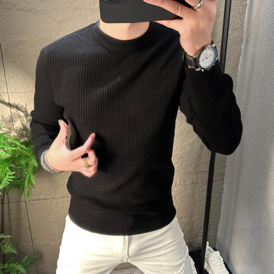 男士轻奢长袖针织衫秋冬时尚圆领修身内搭简约纯色竖条纹保暖毛衣