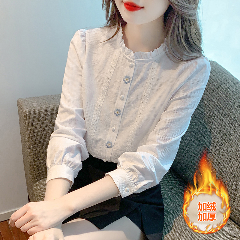 2025秋冬新款时尚减龄刺绣纯棉加绒加厚衬衫女洋气全棉木耳领上衣