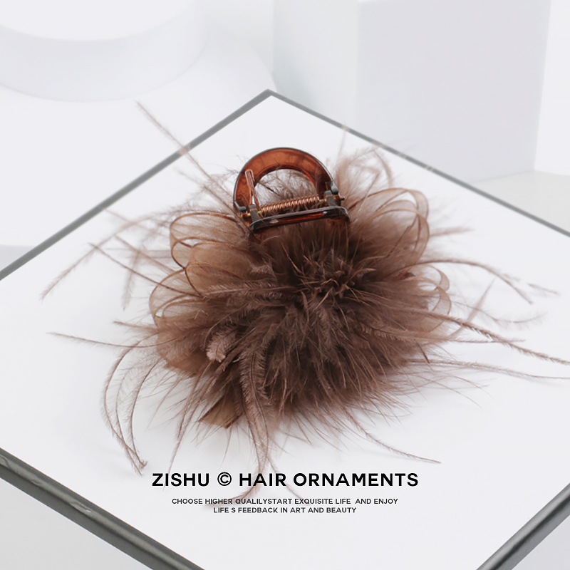 高级咖色网纱羽毛抓夹鲨鱼夹驼鸟毛发夹后脑勺半扎发毛毛发抓头饰