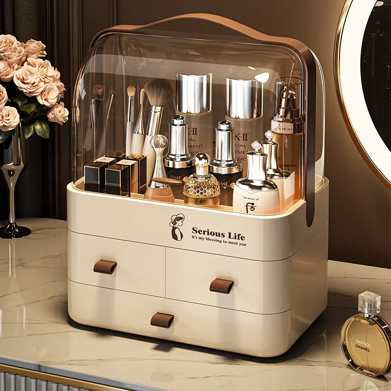 【大号三层】化妆品收纳盒防尘梳妆台桌面口红整理箱高级感置物架