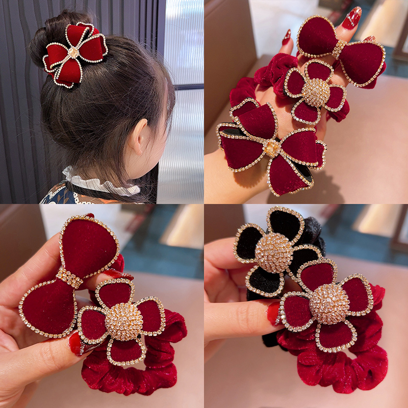 宝宝发饰蝴蝶结头绳红色丝绒花朵发圈女童发绳女孩过年头饰大肠圈