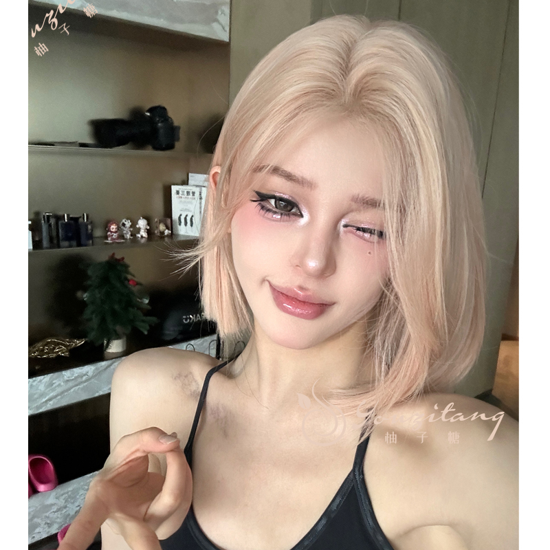 粉金色假发女小额蕾丝短发自然假发中分百搭日常全头套-小圆团